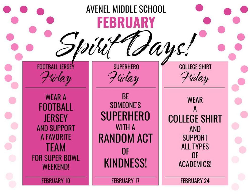 February Spirit Days 2023 Avenel Middle School