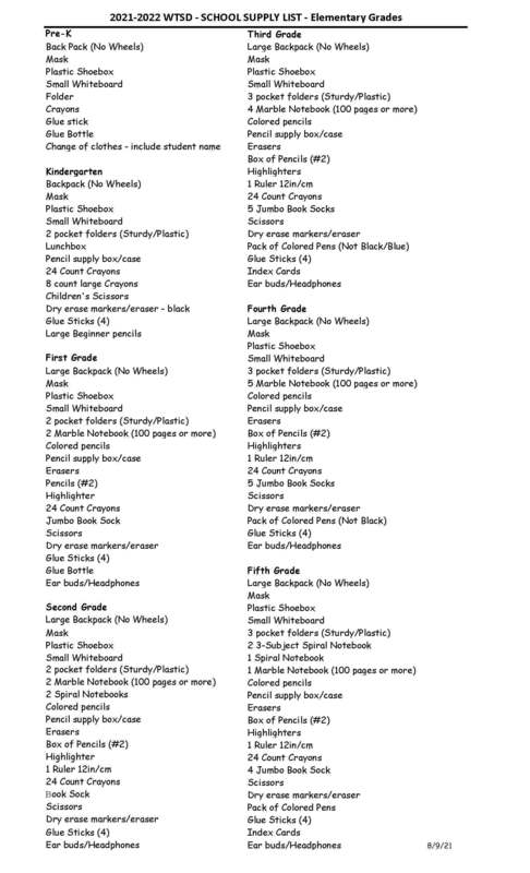 woodbridge township school district supplies list