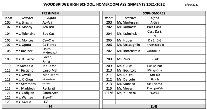 Homeroom Assignments Woodbridge High School